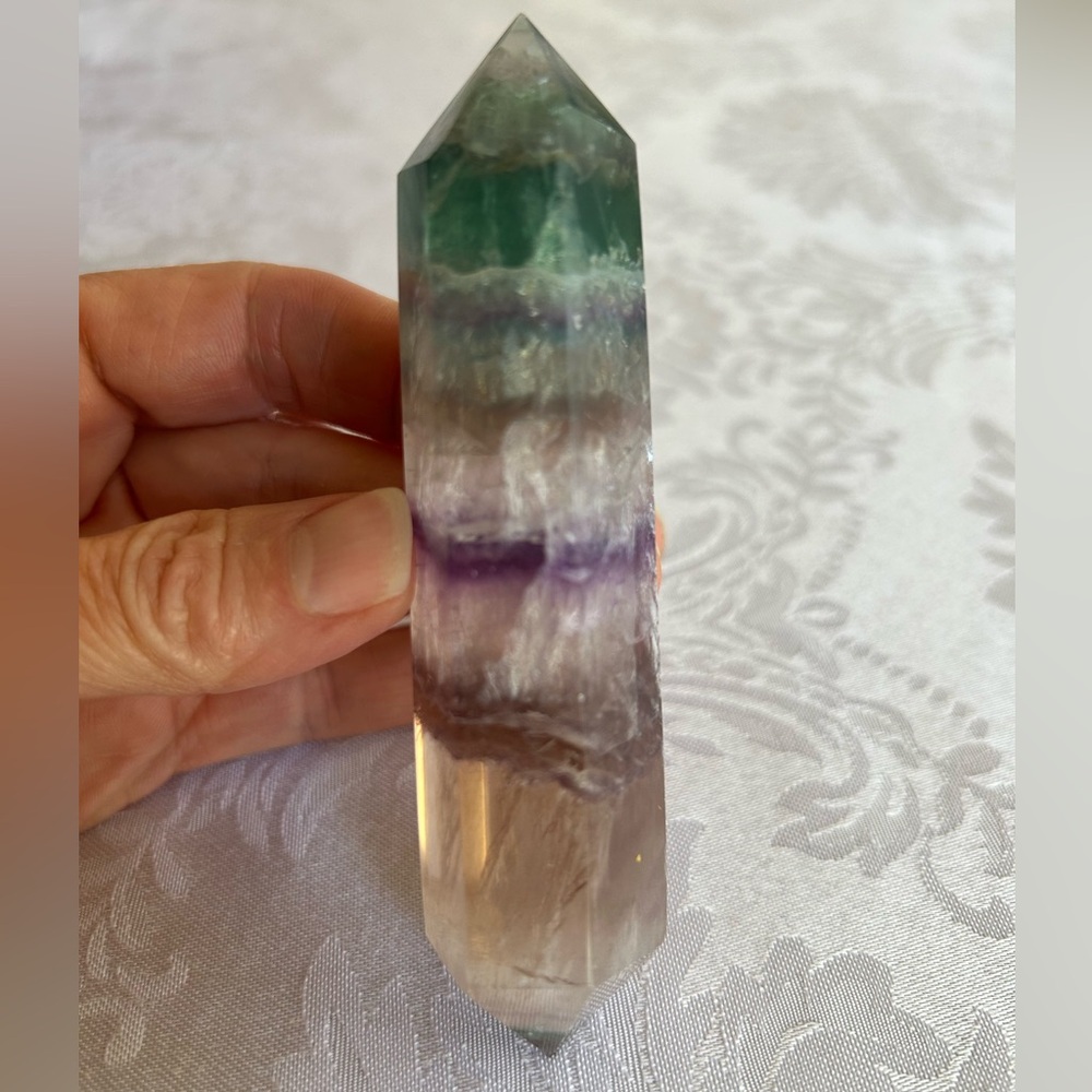 Double Point Crystal Watermelon Green and Purple Fluorite Tower